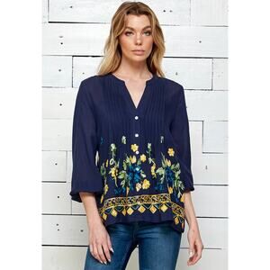 Embroidered Henley Blouse Pintuck 3/4 sleeve Floral Navy Yellow Hope Springs